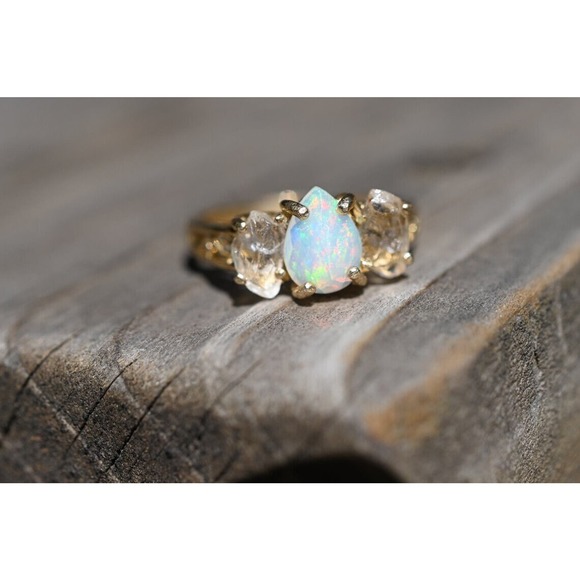 Iridescent Opal Centerpiece Ring - Multifaceted Side Stones - Unique Boho - Picture 10 of 10